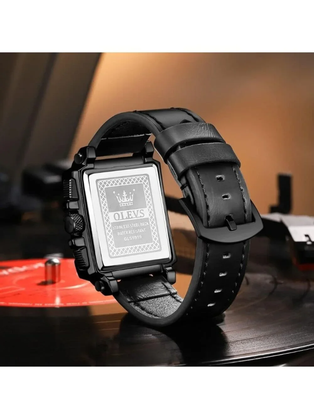 Men's Jet Black Leather Chronograph Watch Big Face Waterproof Luminous Watch